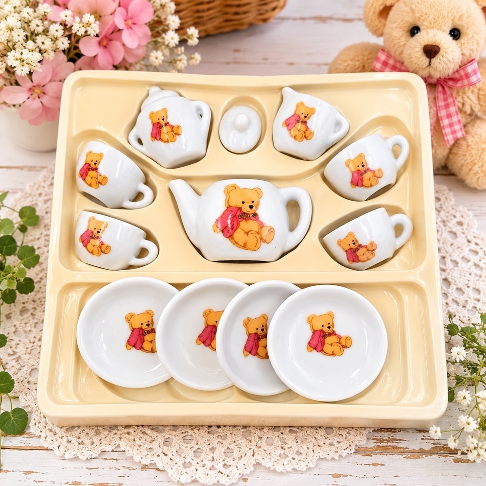 Vintage Miniature Porcelain Teddy Bear Tea Set 15 Pc Teapot Cups Saucers‎
